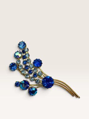 European Cobalt Blue AB Rhinestone Spray Trombone Clasp Brooch 2.91"